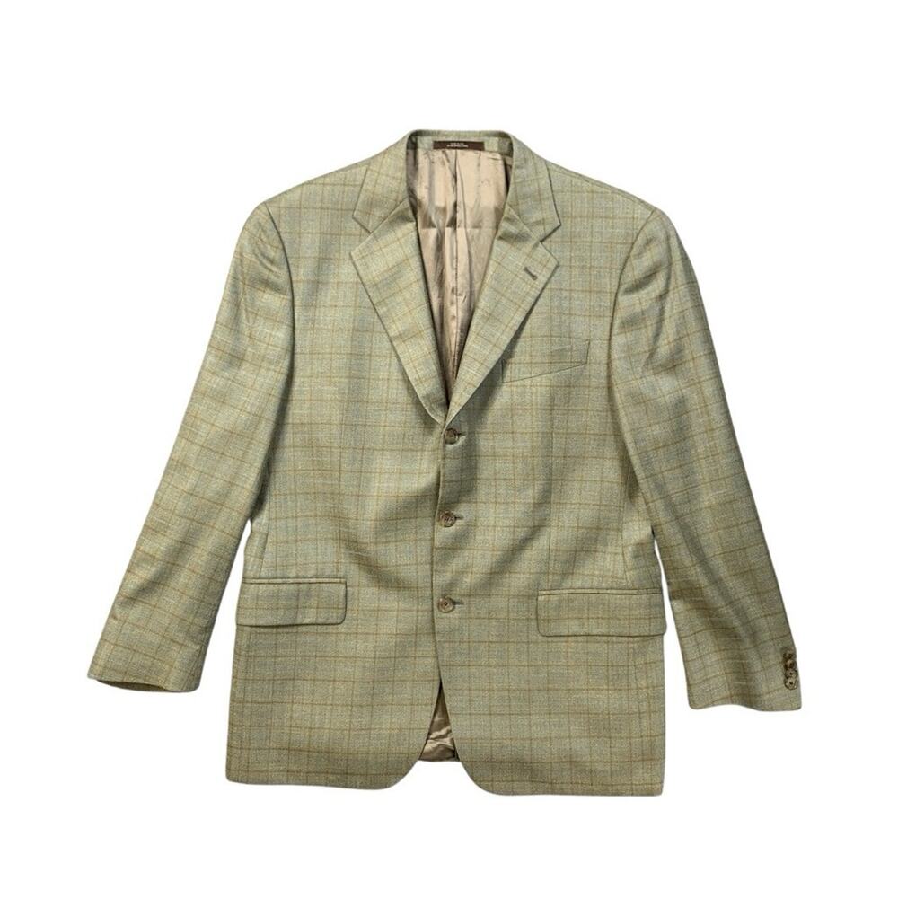 Joseph Abboud Blazer Mens 42R Limestone Silk Wool Blend Plaid 3 Button Jacket